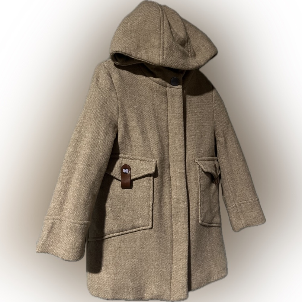 ZARA Outerwear Girls 7 Tan Hooded Duffle Coat Lined with Pockets